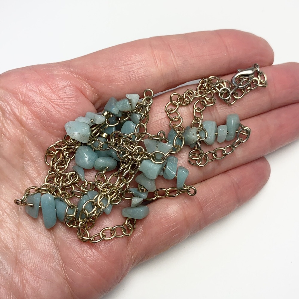 Blue Chalcedony Necklace Chip Silver Tone Long Station Chain Lobster Claw Clasp - Picture 6 of 9